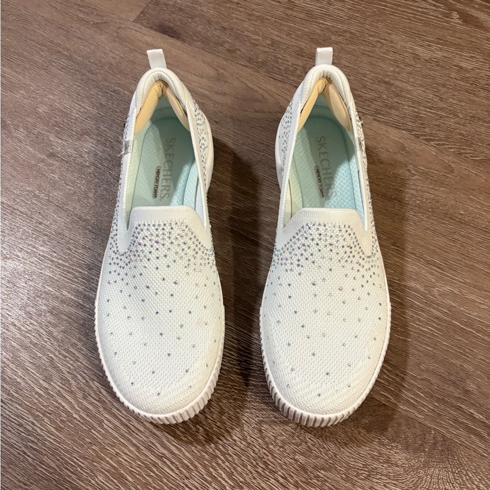 Skechers Women’s Slip-On Knit Sneakers in Cream with Sparkle